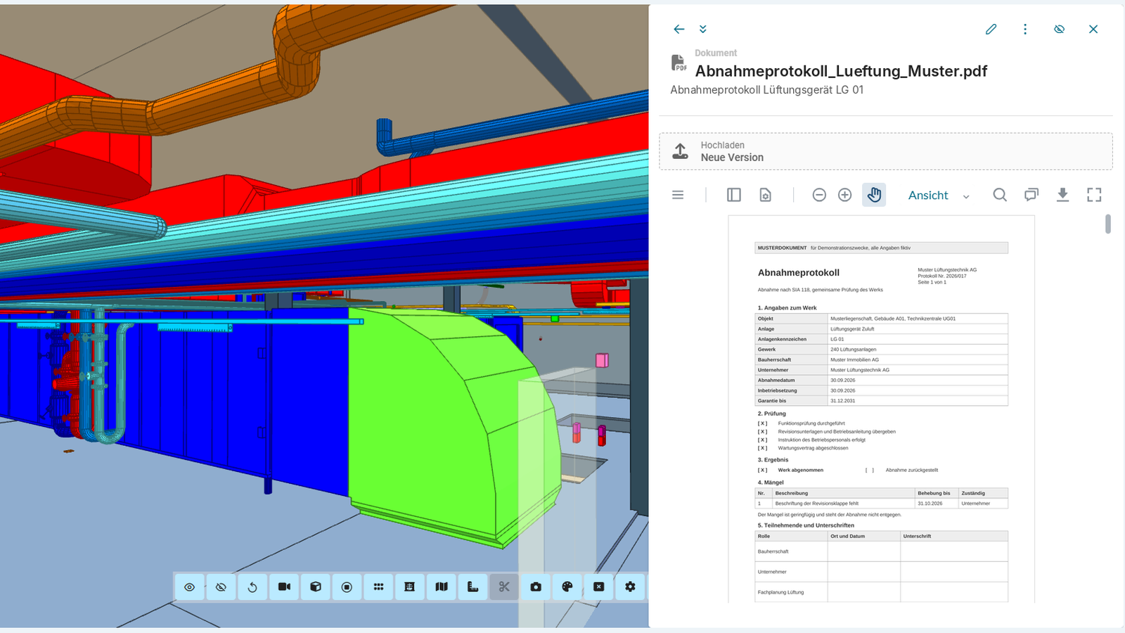 Bildschirmansicht mit 3D Modell einer L&uuml;ftungsanlage und ge&ouml;ffnetem Abnahmeprotokoll