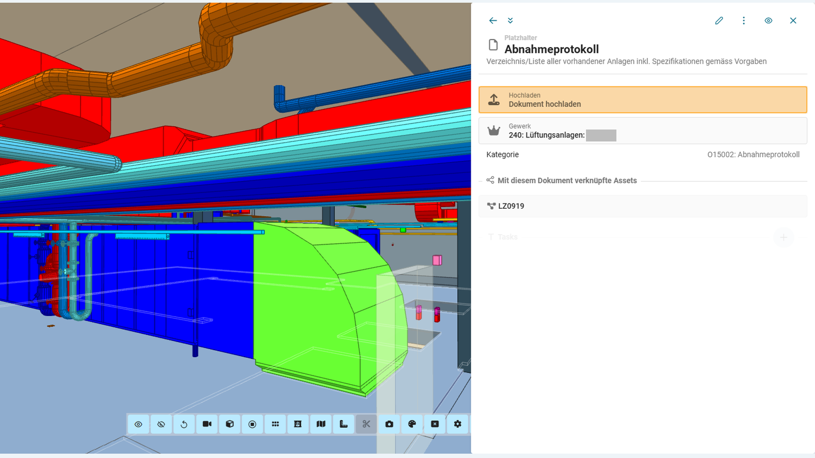 Bildschirmansicht mit 3D Modell einer L&uuml;ftungsanlage und einem leeren Platzhalter f&uuml;r das Abnahmeprotokoll