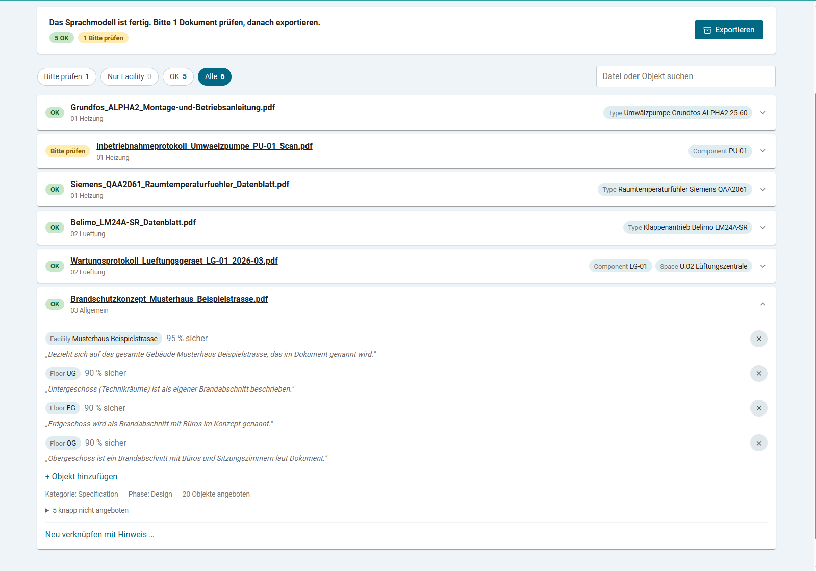 Bildschirmansicht des Document-Linker mit sechs zugeordneten Dokumenten, ein Brandschutzkonzept ist ge&ouml;ffnet und dem Geb&auml;ude sowie drei Geschossen zugeordnet, jeweils mit Prozentangabe und Begr&uuml;ndung