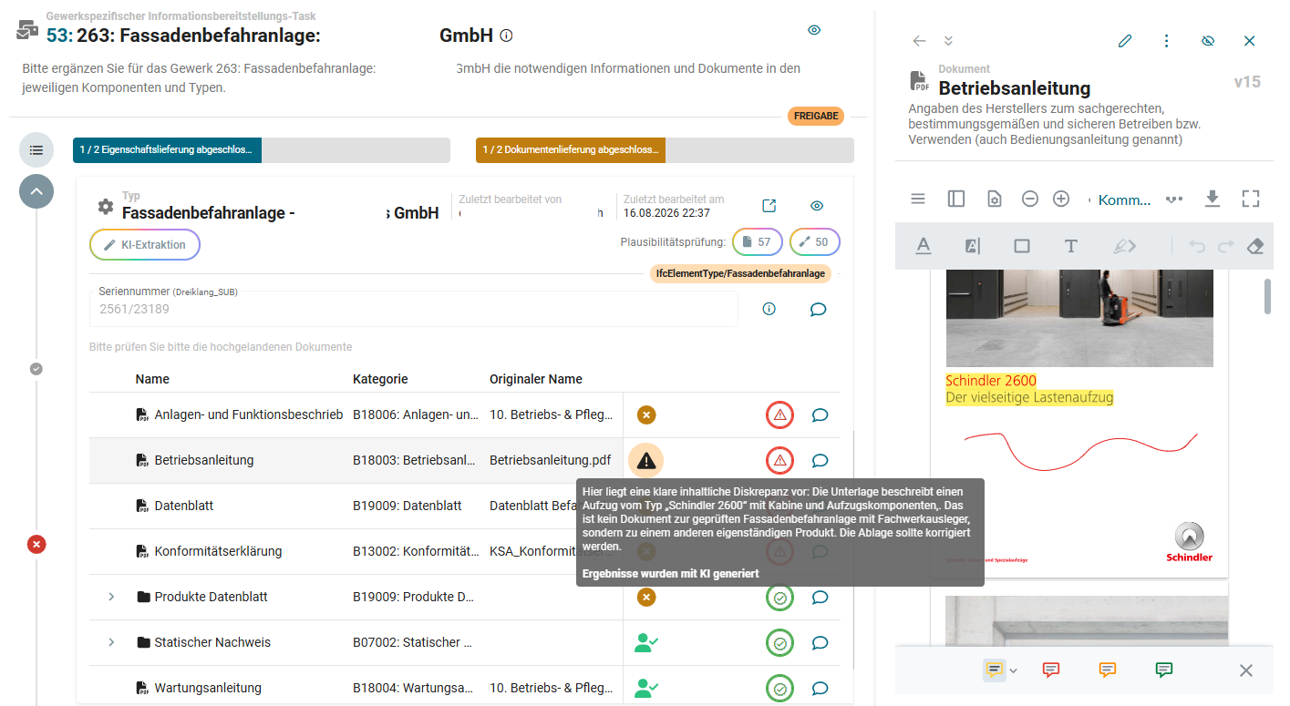 Ansicht eines Informationsbereitstellungs-Tasks mit zwei Score-Werten f&uuml;r Dokumente und Attribute